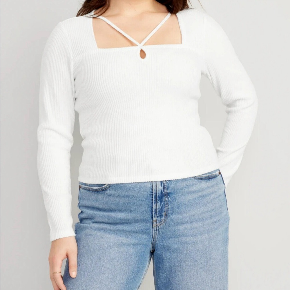 Old Navy White Ribbed Square-Neck Long Sleeve Top with Front Strap